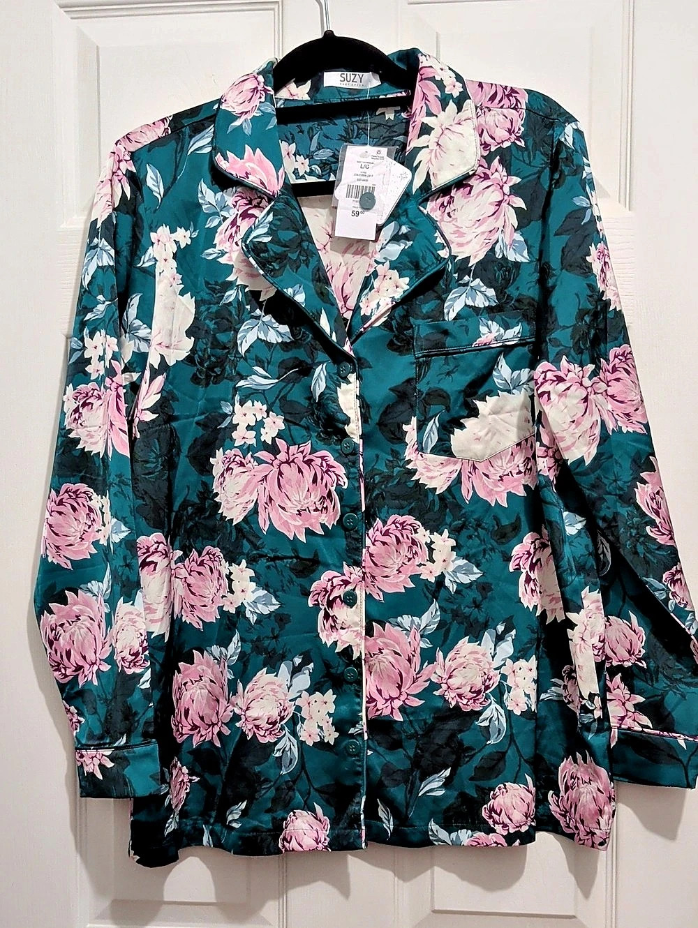 Suzy Shier Floral Print Satin Button-Down Pajama Top Green & Pink